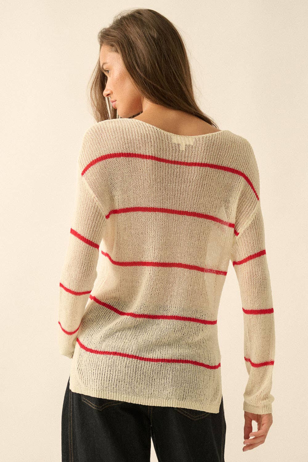 Striped Semi-Sheer Lightweight Knit Loose-Fit Sweater