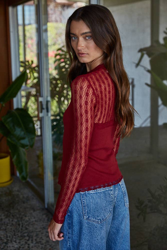 Ribbed Sheer Lace Mock Neck Long Sleeve