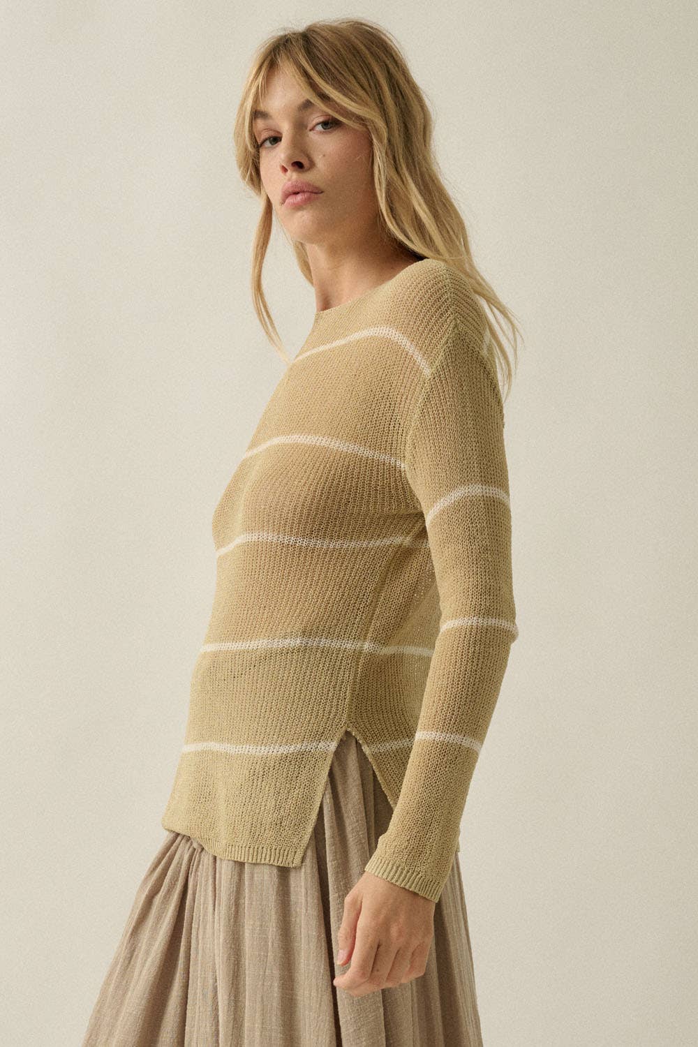 Striped Semi-Sheer Lightweight Knit Loose-Fit Sweater
