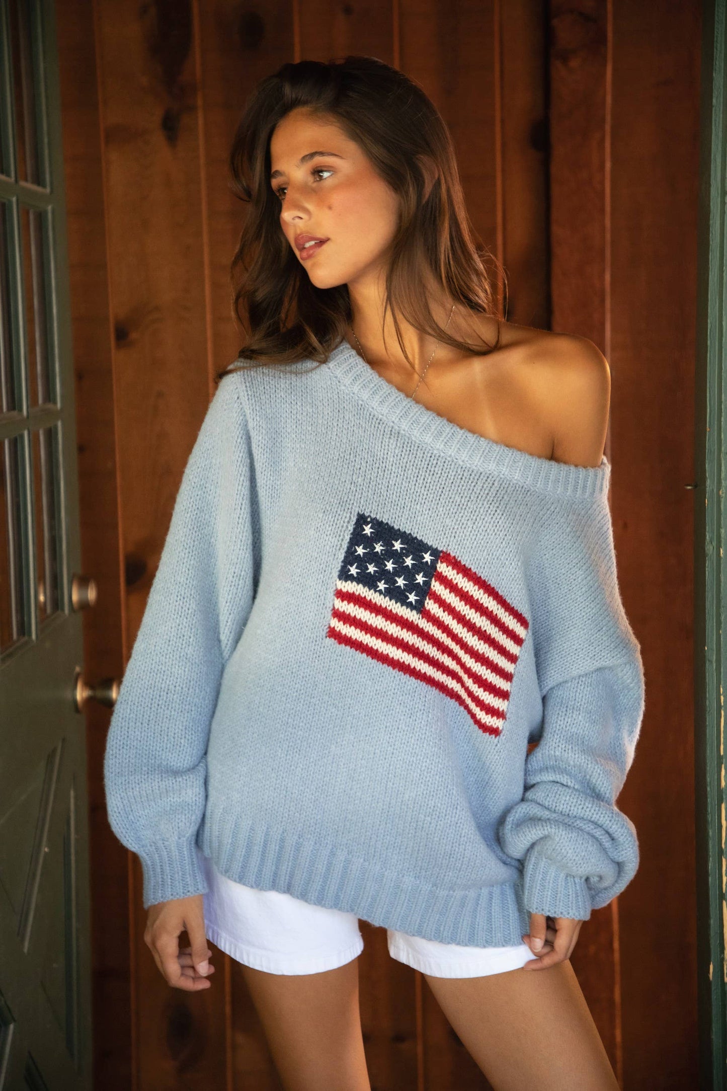 American Flag Knit Off The Shoulder Sweater
