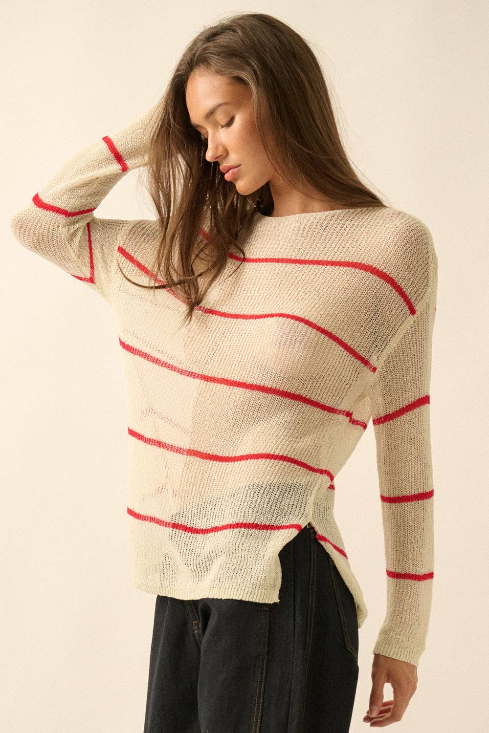 Striped Semi-Sheer Lightweight Knit Loose-Fit Sweater