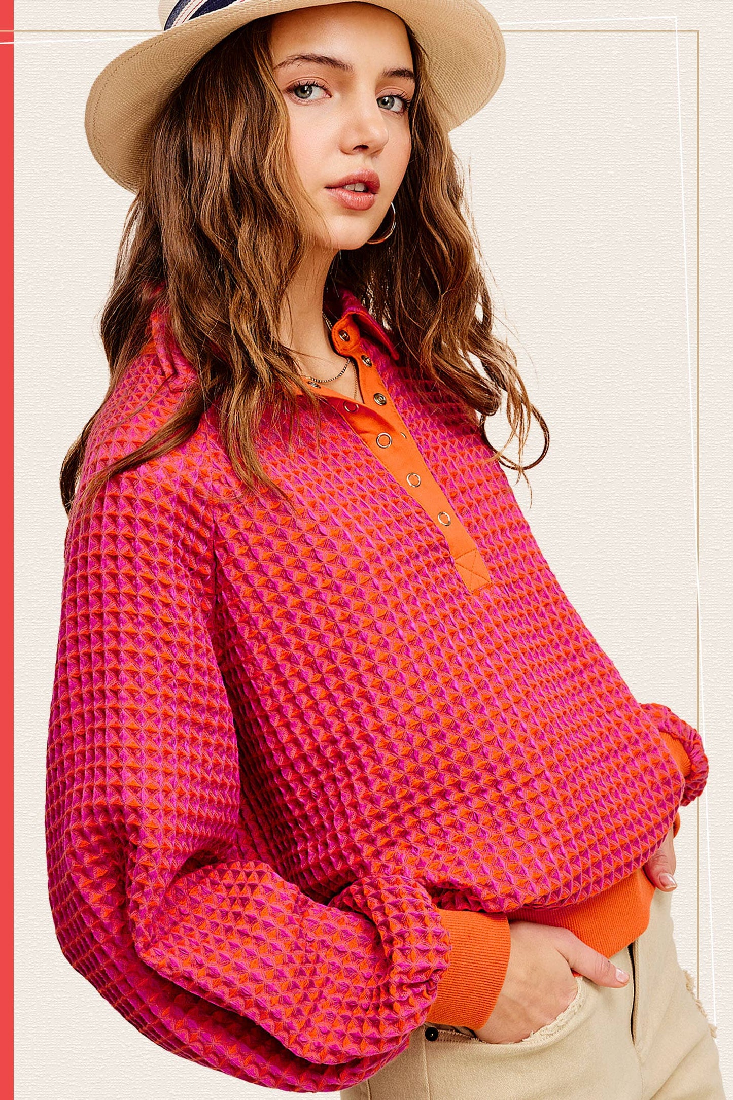 Two Tone Textured Snap Button Front Top
