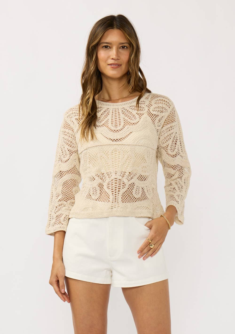 Crew Neck Long Sleeve Crochet Top