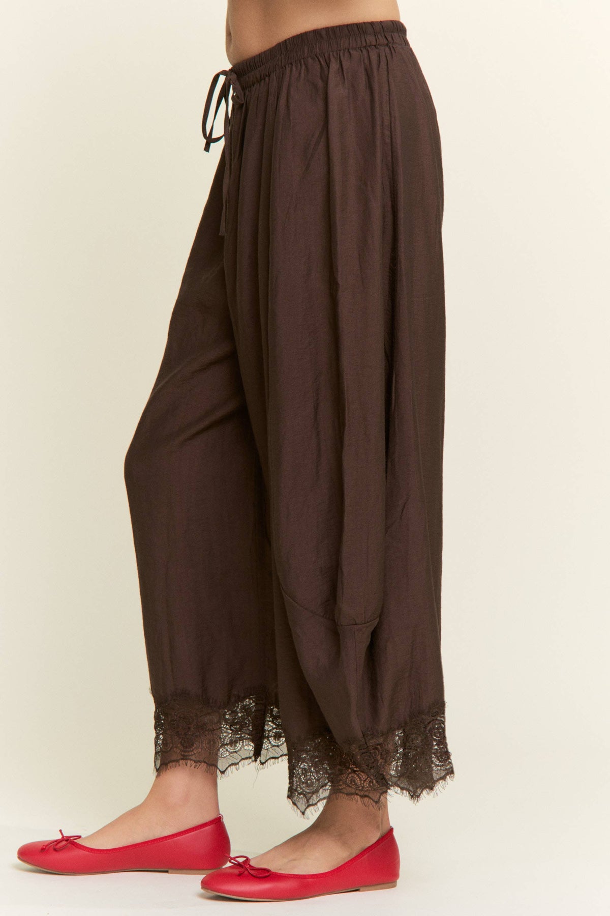 Chocolate Lace-Trim Relaxed Pants