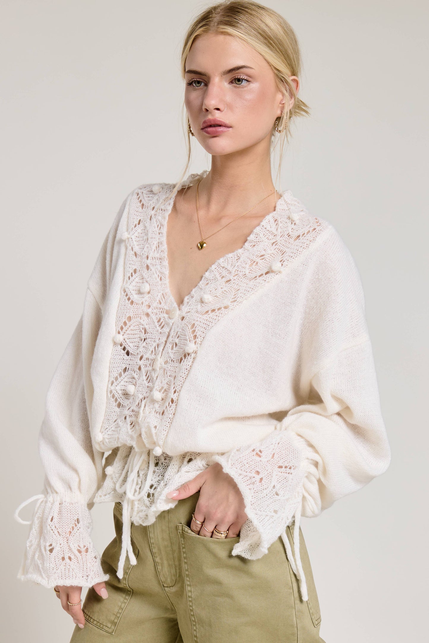 Crochet Lace Trim V Neck Knit Top