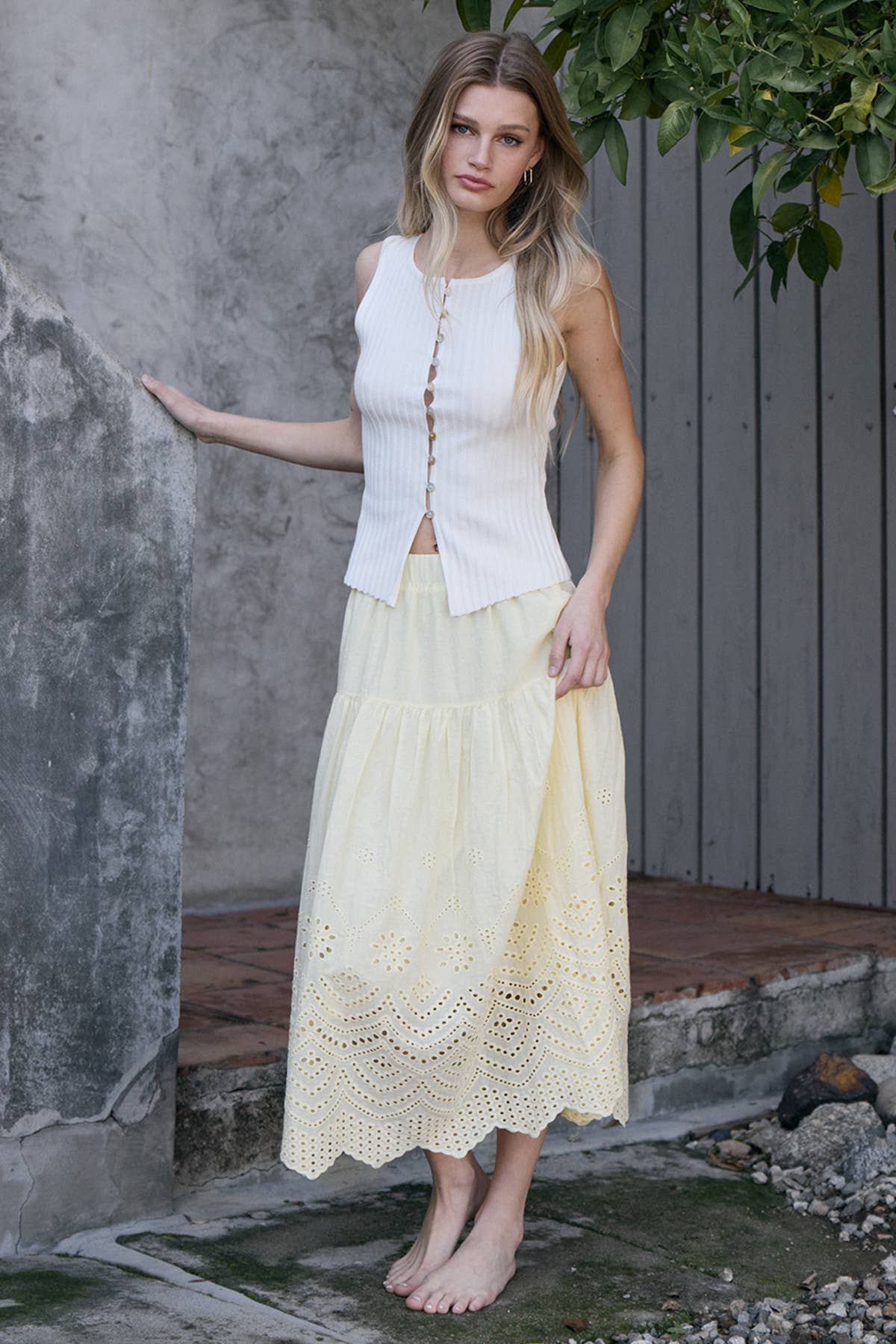 Tiered Embroidered Eyelet Midi Skirt