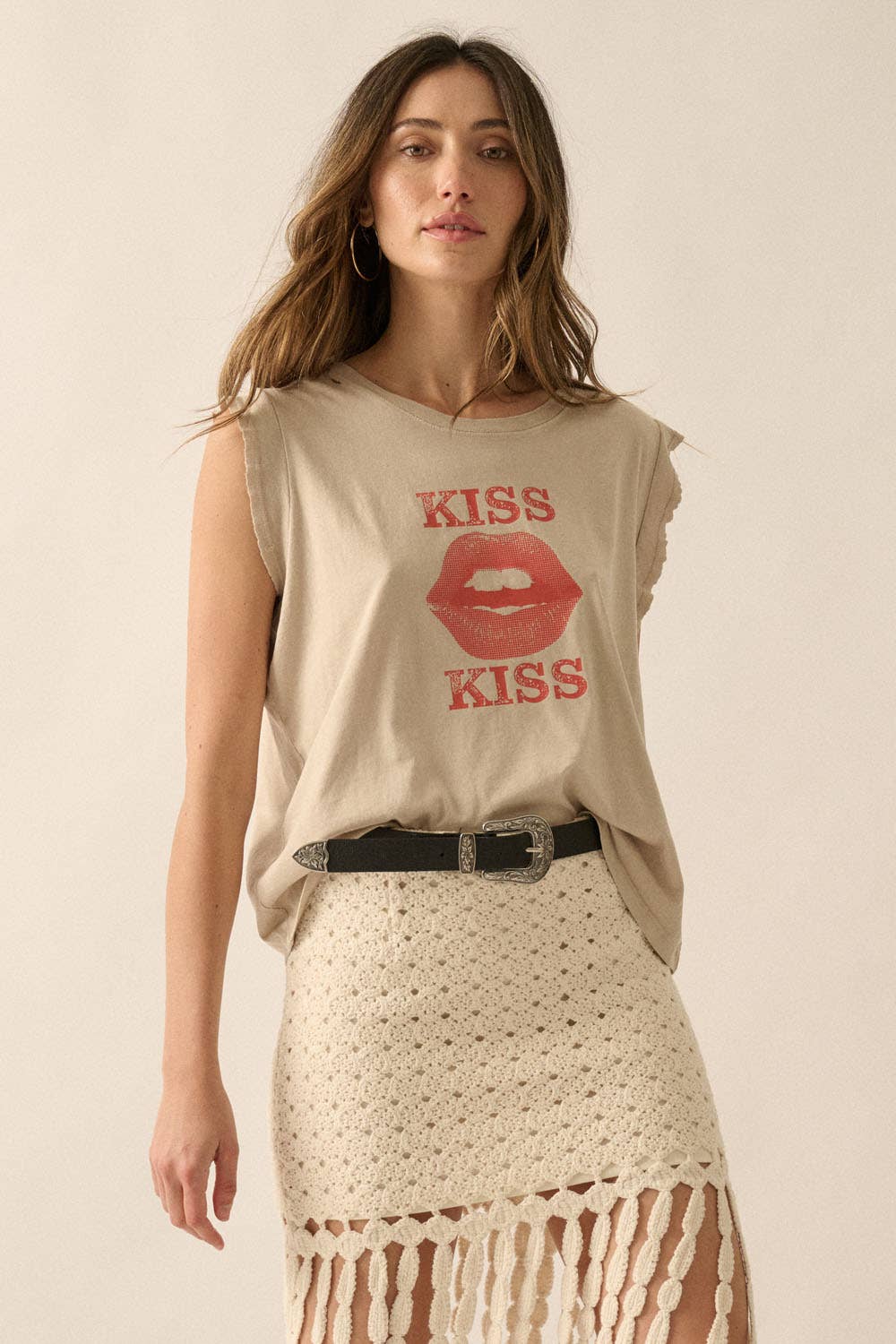 Kiss Kiss Lips Distress Vintage-Wash Graphic Tee