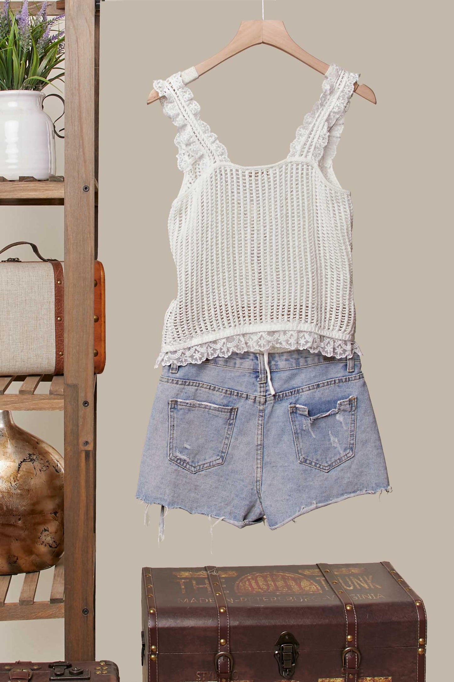 White Lace Trim Sleeveless Knit Vest