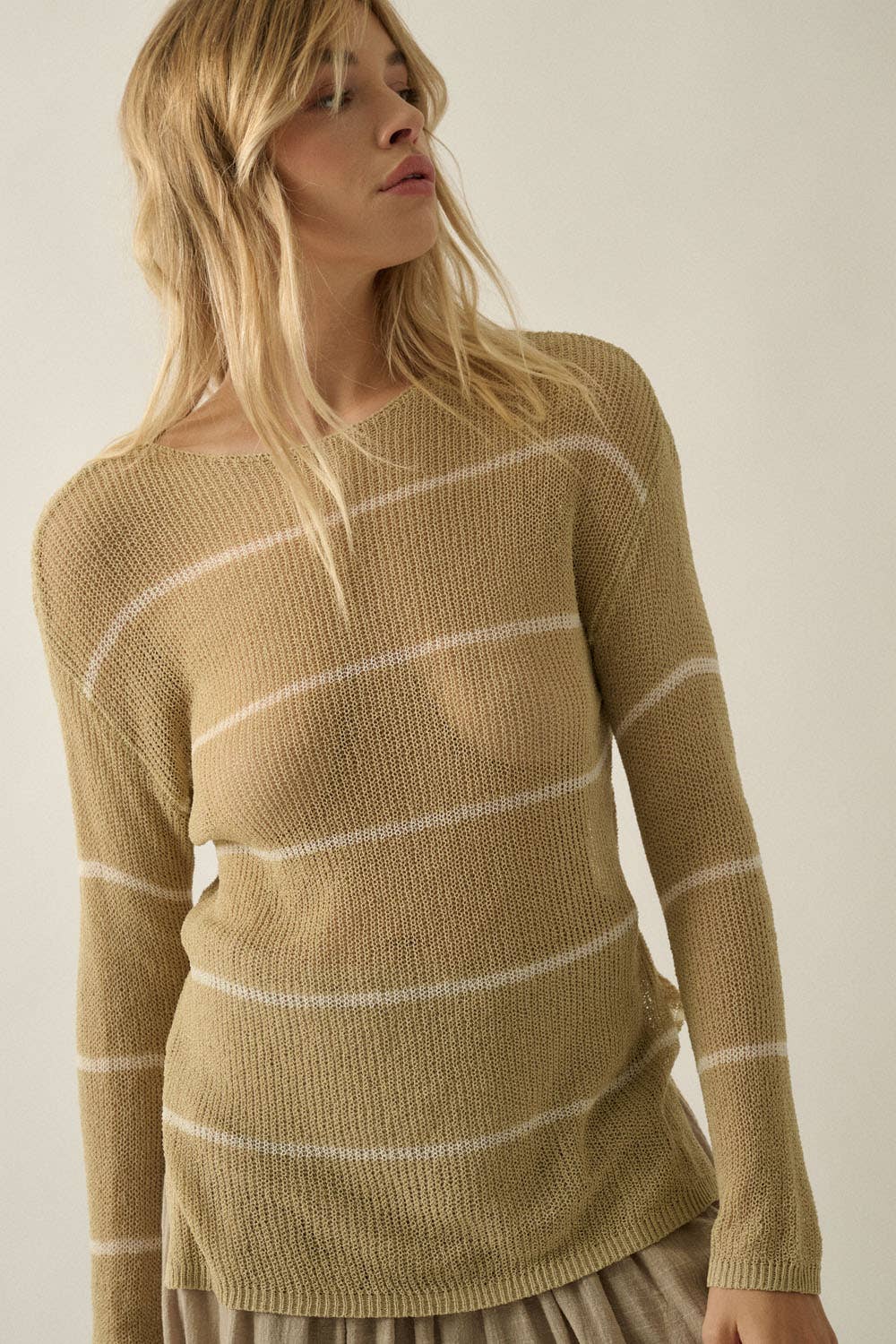 Striped Semi-Sheer Lightweight Knit Loose-Fit Sweater