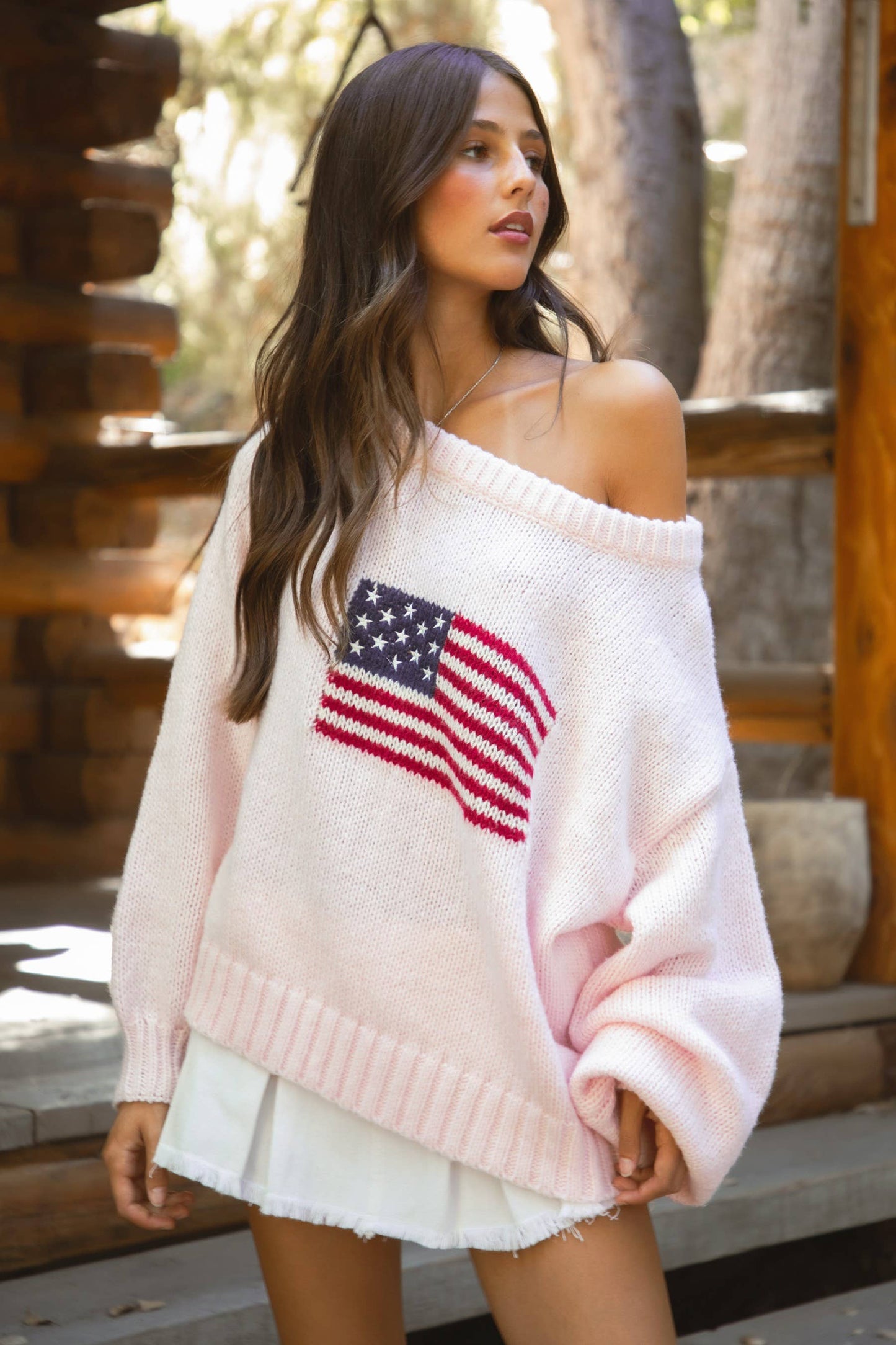 American Flag Knit Off The Shoulder Sweater