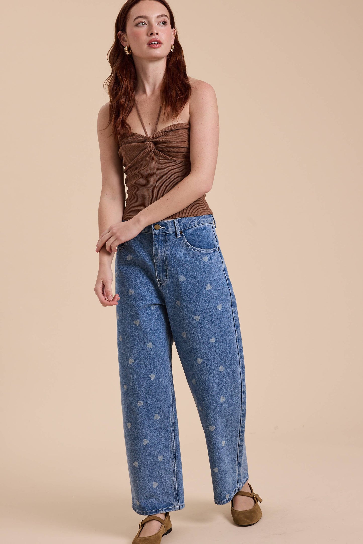 HEART PRINTED DENIM PANTS