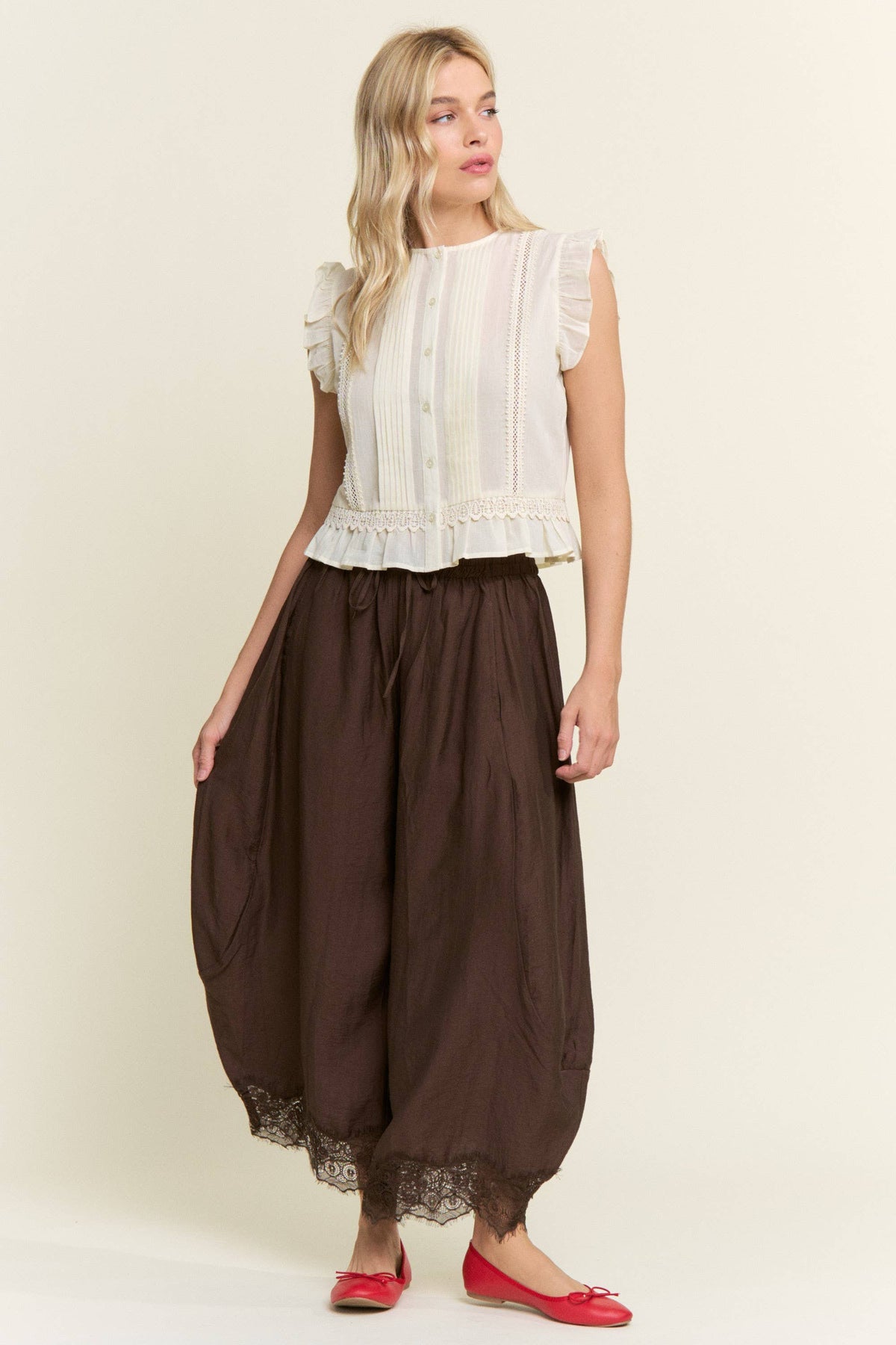 Chocolate Lace-Trim Relaxed Pants