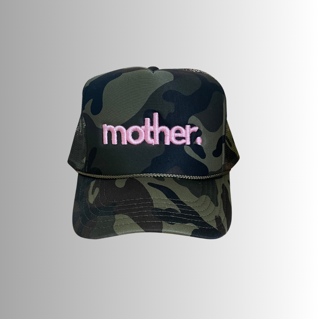 Mother Embroidered Trucker Hat -  Camo + Baby Pink
