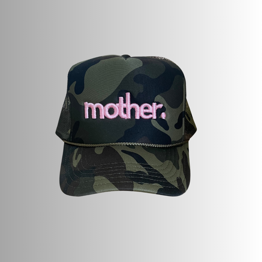 Mother Embroidered Trucker Hat -  Camo + Baby Pink