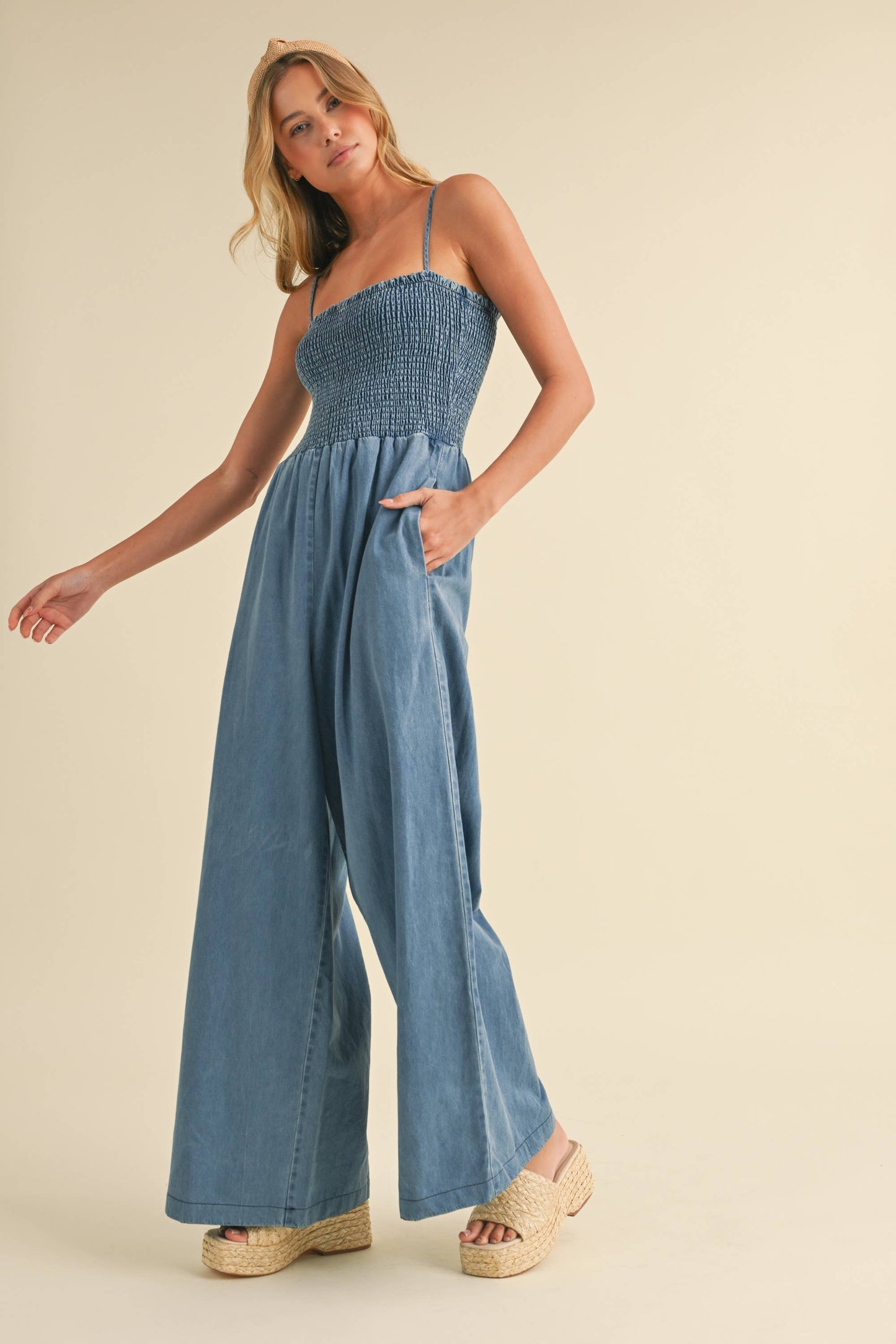 SMOCKED SPAGHETTI STRAP WIDE LEG JUMPSUIT