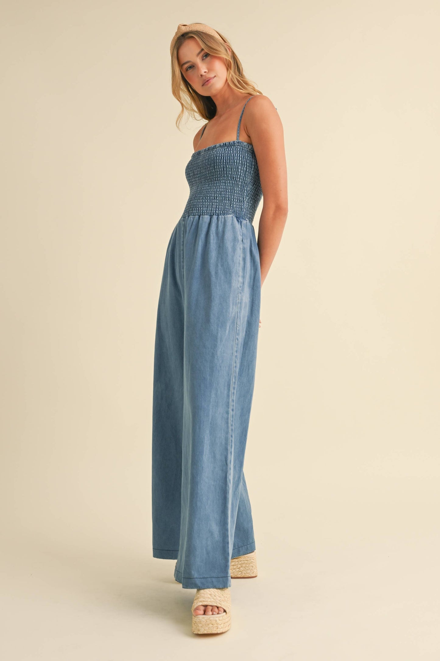 SMOCKED SPAGHETTI STRAP WIDE LEG JUMPSUIT