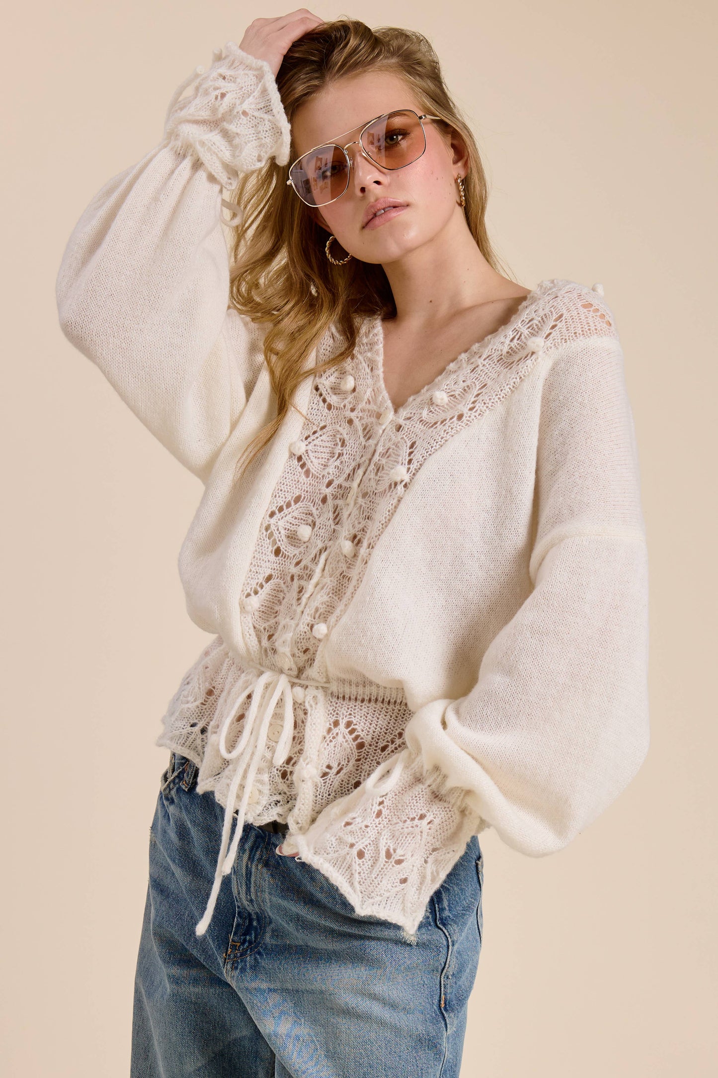 Crochet Lace Trim V Neck Knit Top