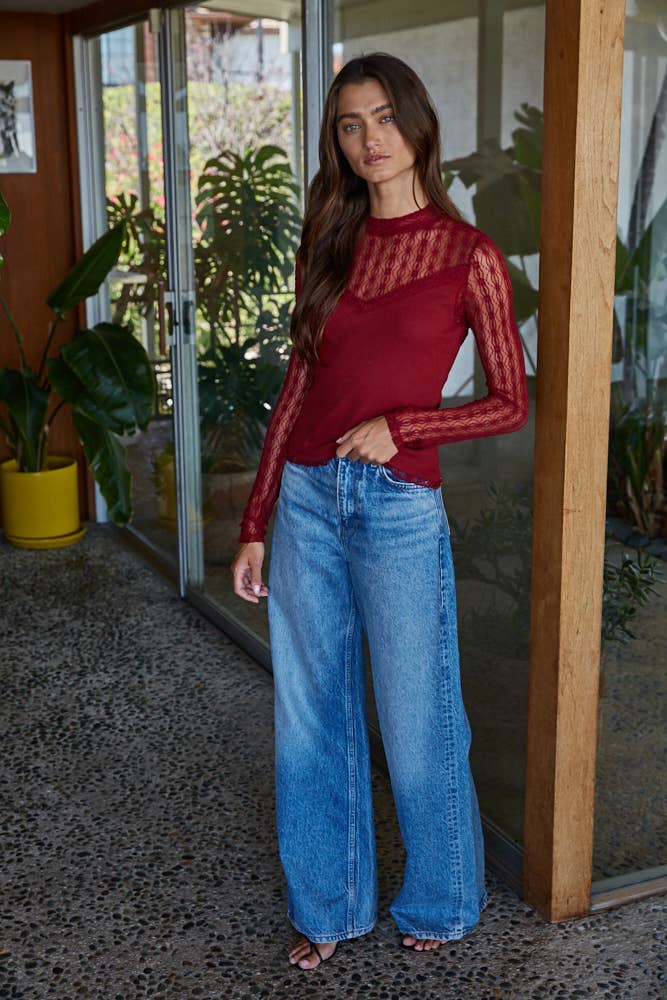 Ribbed Sheer Lace Mock Neck Long Sleeve