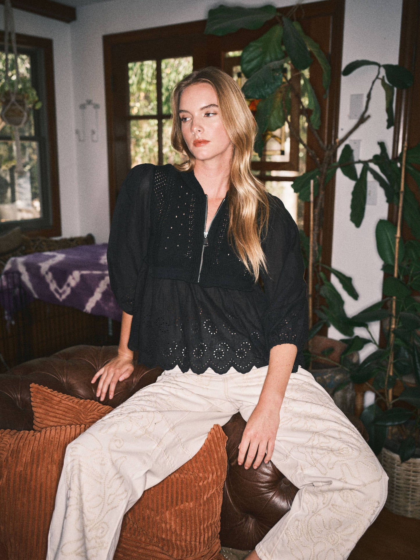 MIX MEDIA BABYDOLL SWEATER W/HALF ZIPUP