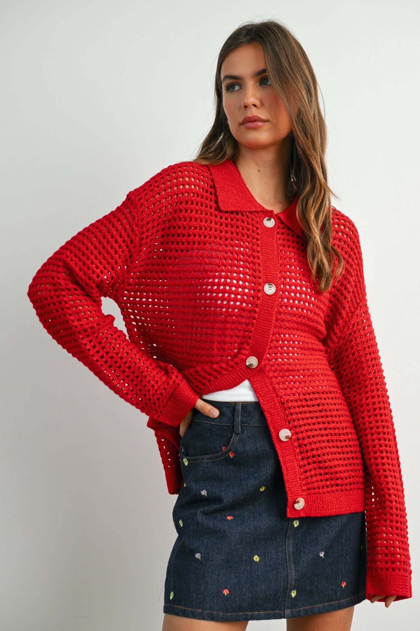 OPEN STITCH CROCHET COLLAR CARDIGAN