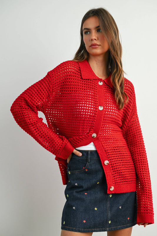 OPEN STITCH CROCHET COLLAR CARDIGAN