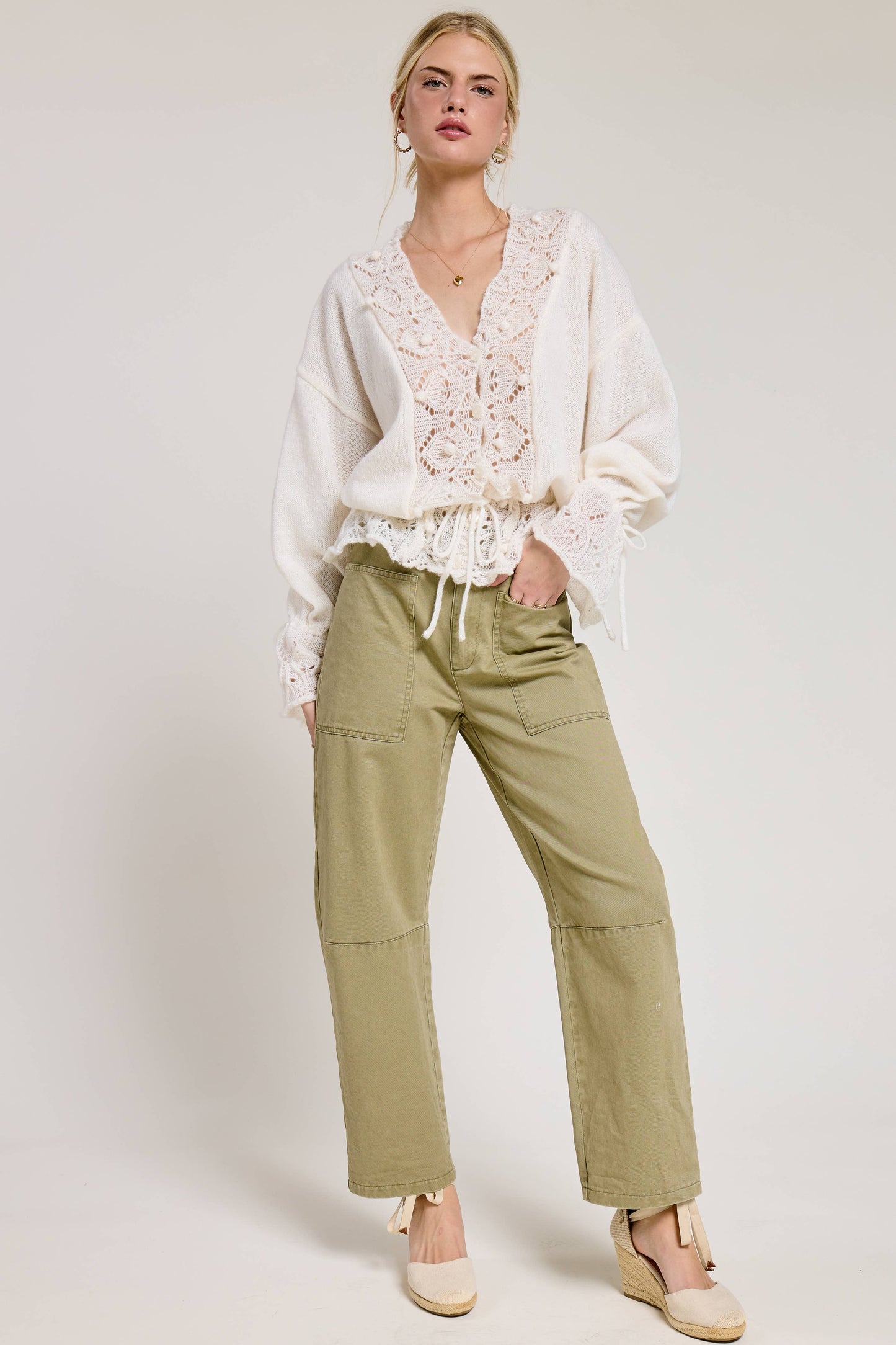 Crochet Lace Trim V Neck Knit Top