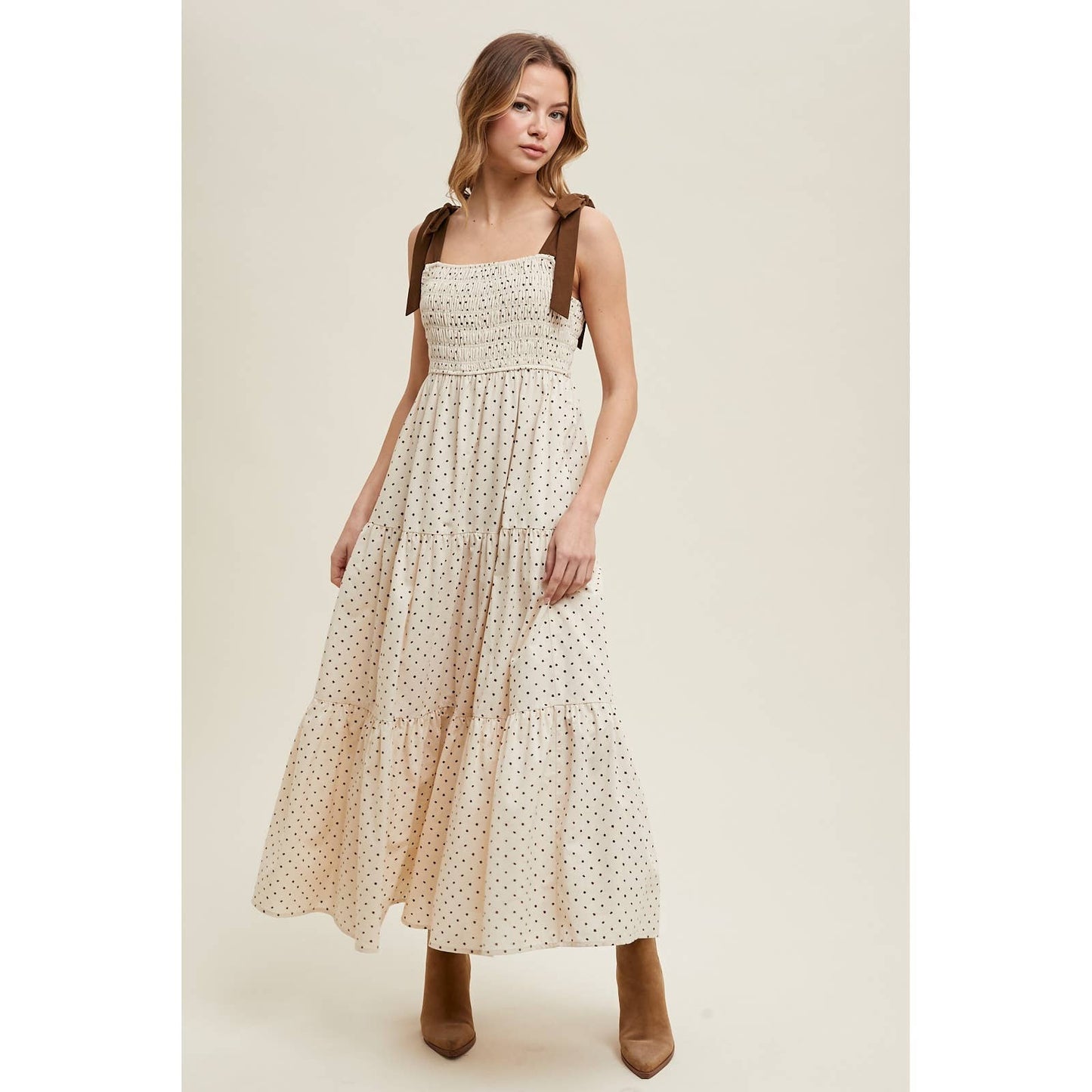 POLKA DOT TIERED MIDI DRESS