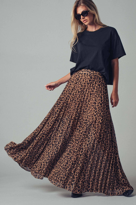 Leopard Print Pleated Flowy A Line Midi Skirt