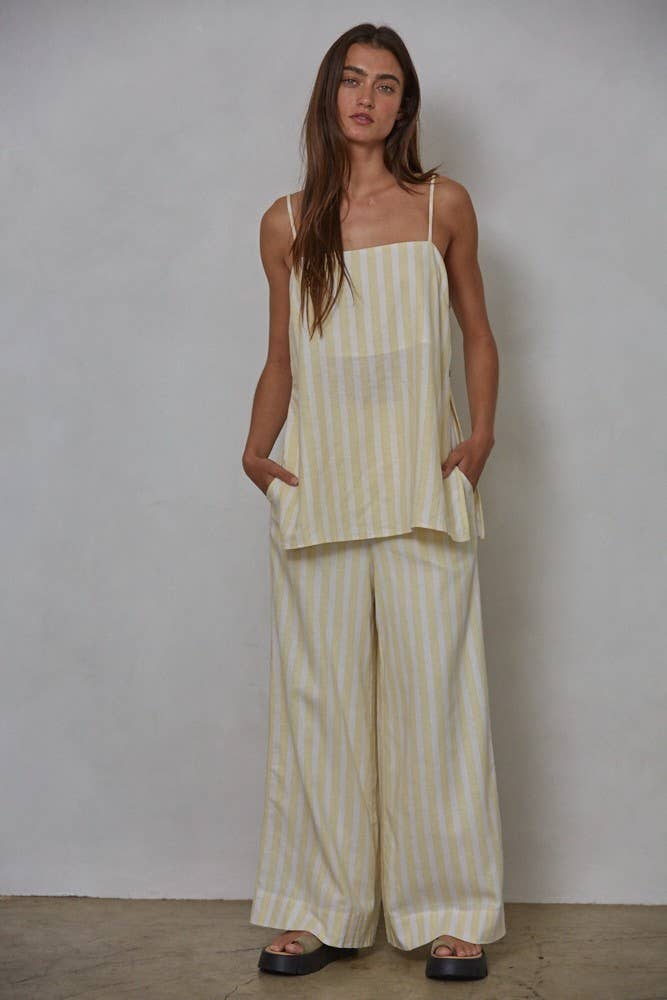 Lemon Linen Cotton Striped Tube Spaghetti Strap Top