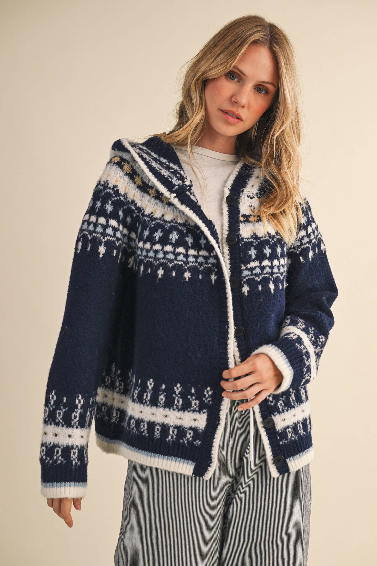 NORDIC SOFT BUTTON DOWN SWEATER HOODED JACKET