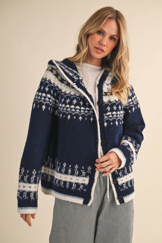 NORDIC SOFT BUTTON DOWN SWEATER HOODED JACKET