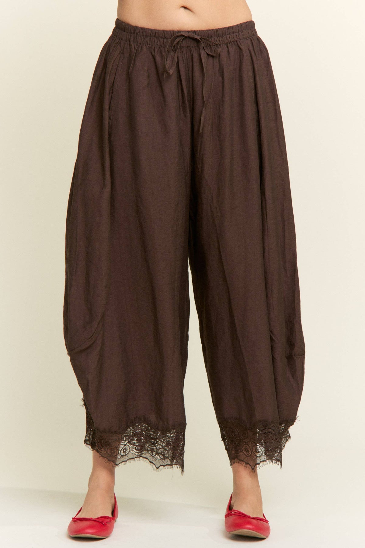 Chocolate Lace-Trim Relaxed Pants