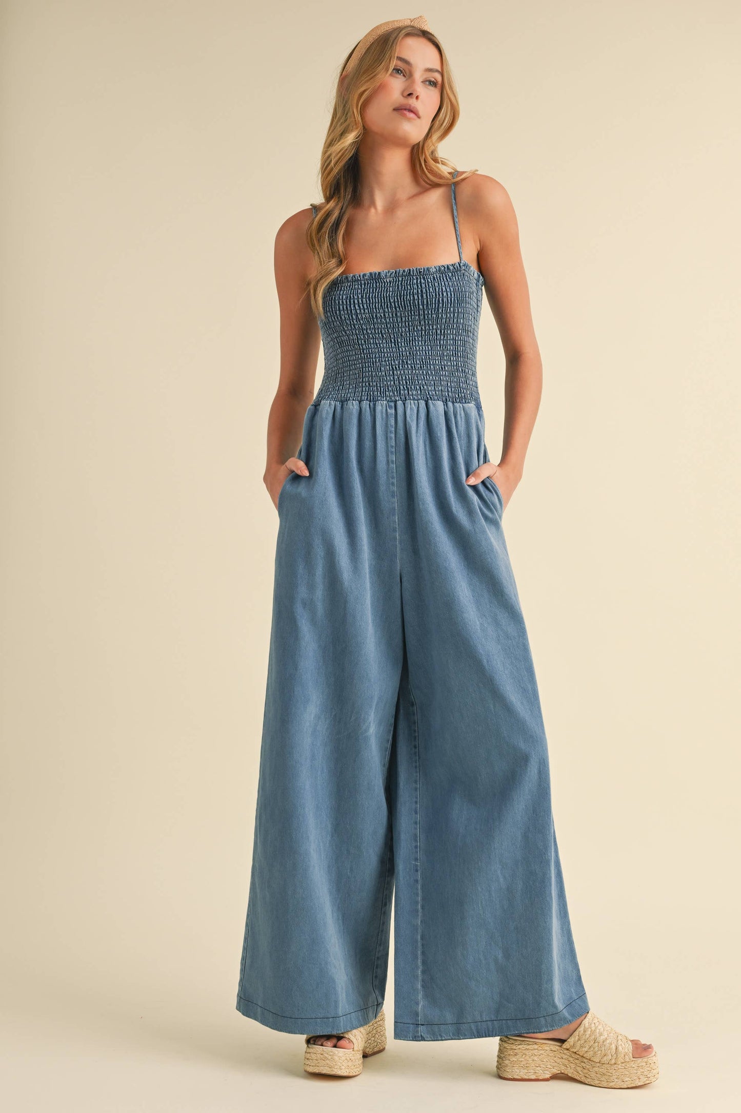SMOCKED SPAGHETTI STRAP WIDE LEG JUMPSUIT