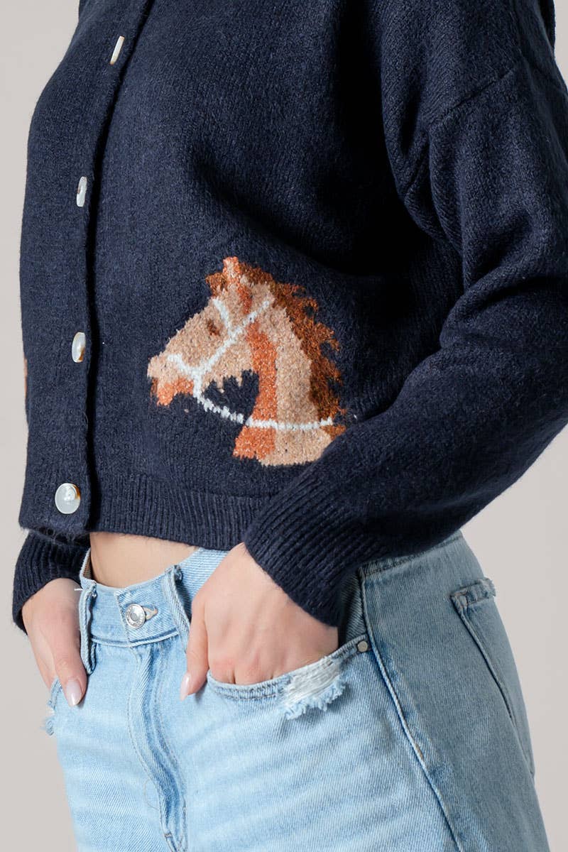 Western Horse Graphic Ribbed Trim Crew Neck Cardigan