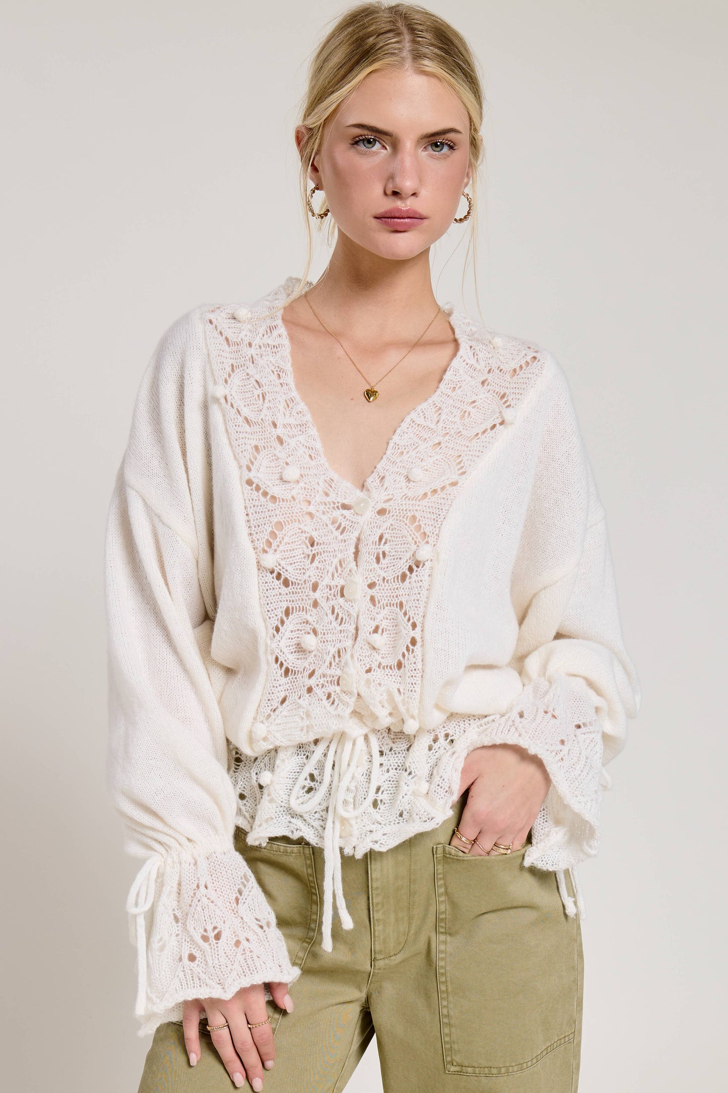 Crochet Lace Trim V Neck Knit Top