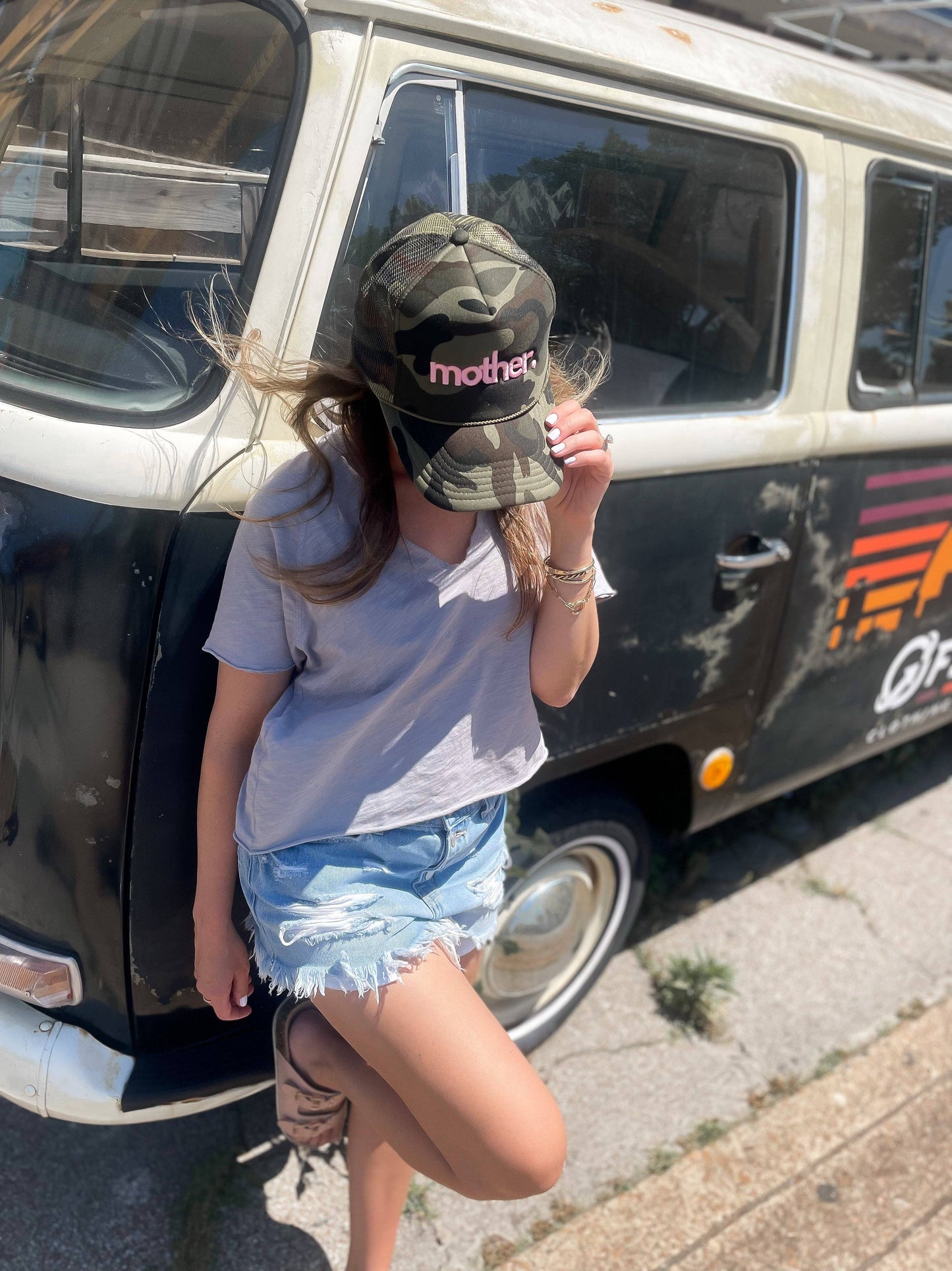 Mother Embroidered Trucker Hat -  Camo + Baby Pink