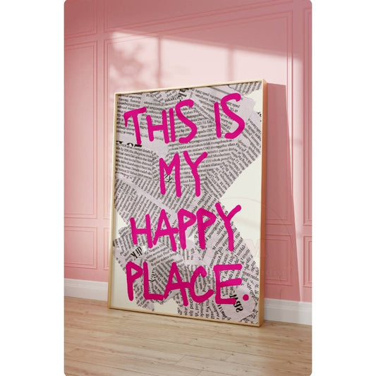 This Is My Happy Place Pink Retro Newspaper Wall Art Print