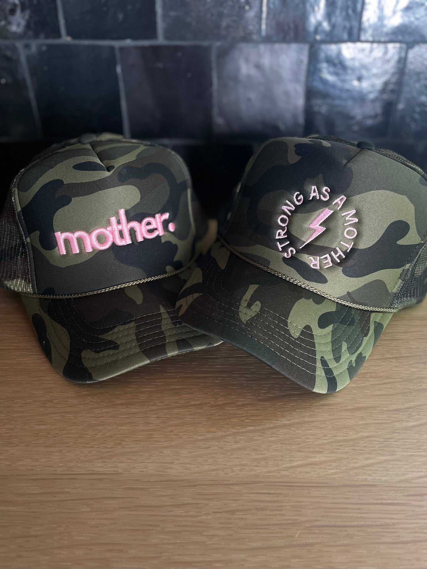 Mother Embroidered Trucker Hat -  Camo + Baby Pink