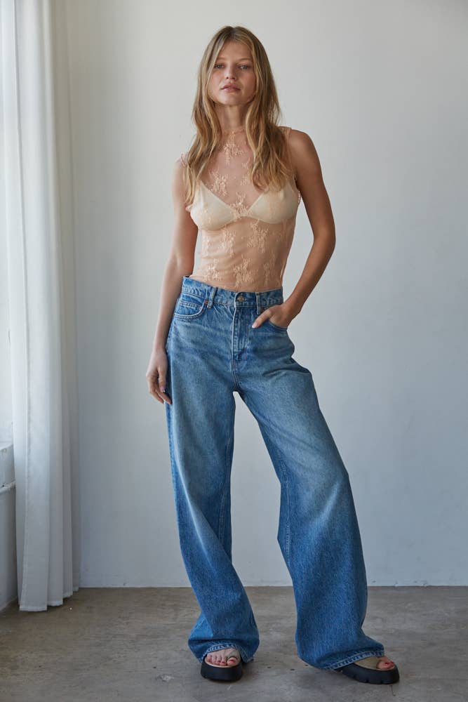 Knit Floral Lace Sleeveless Mock Top