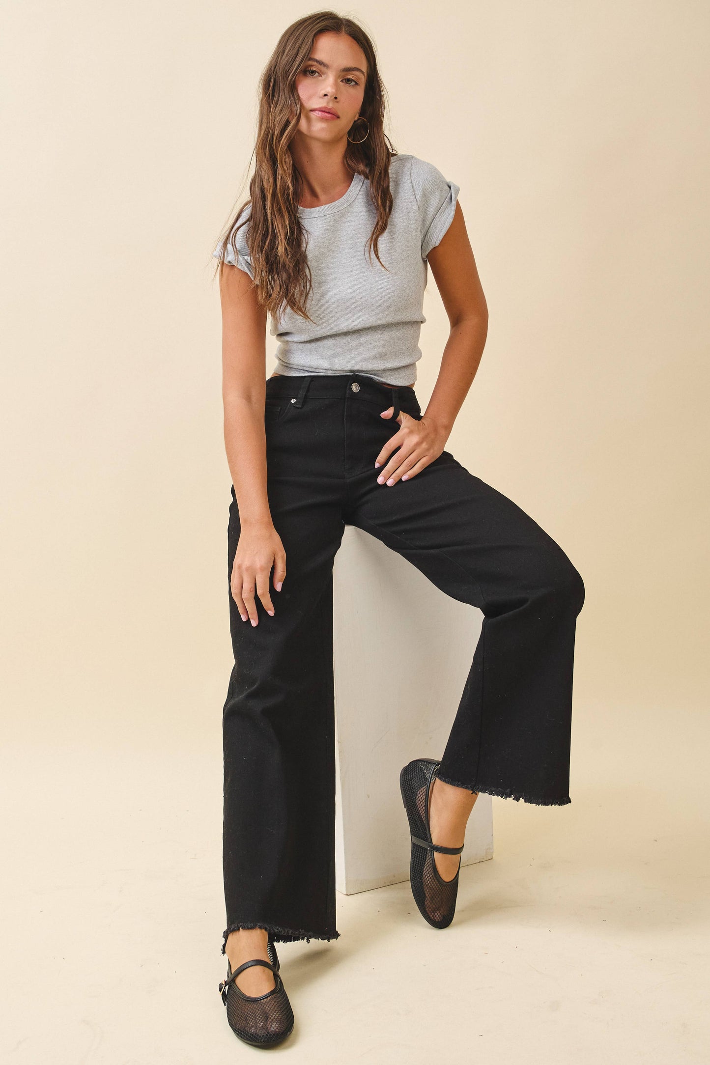 Wide Leg Raw Hem Denim Pants