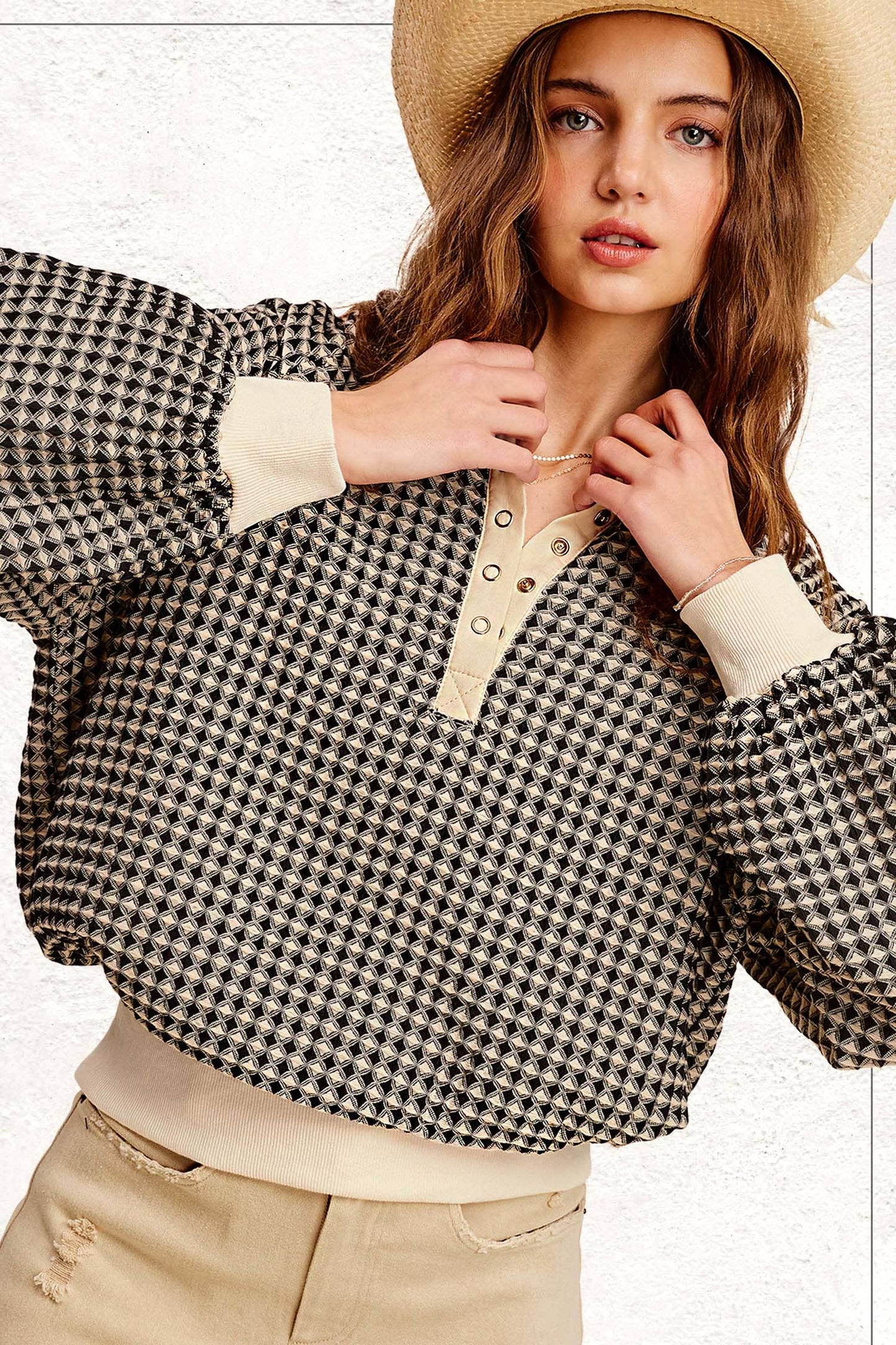 Two Tone Textured Snap Button Front Top