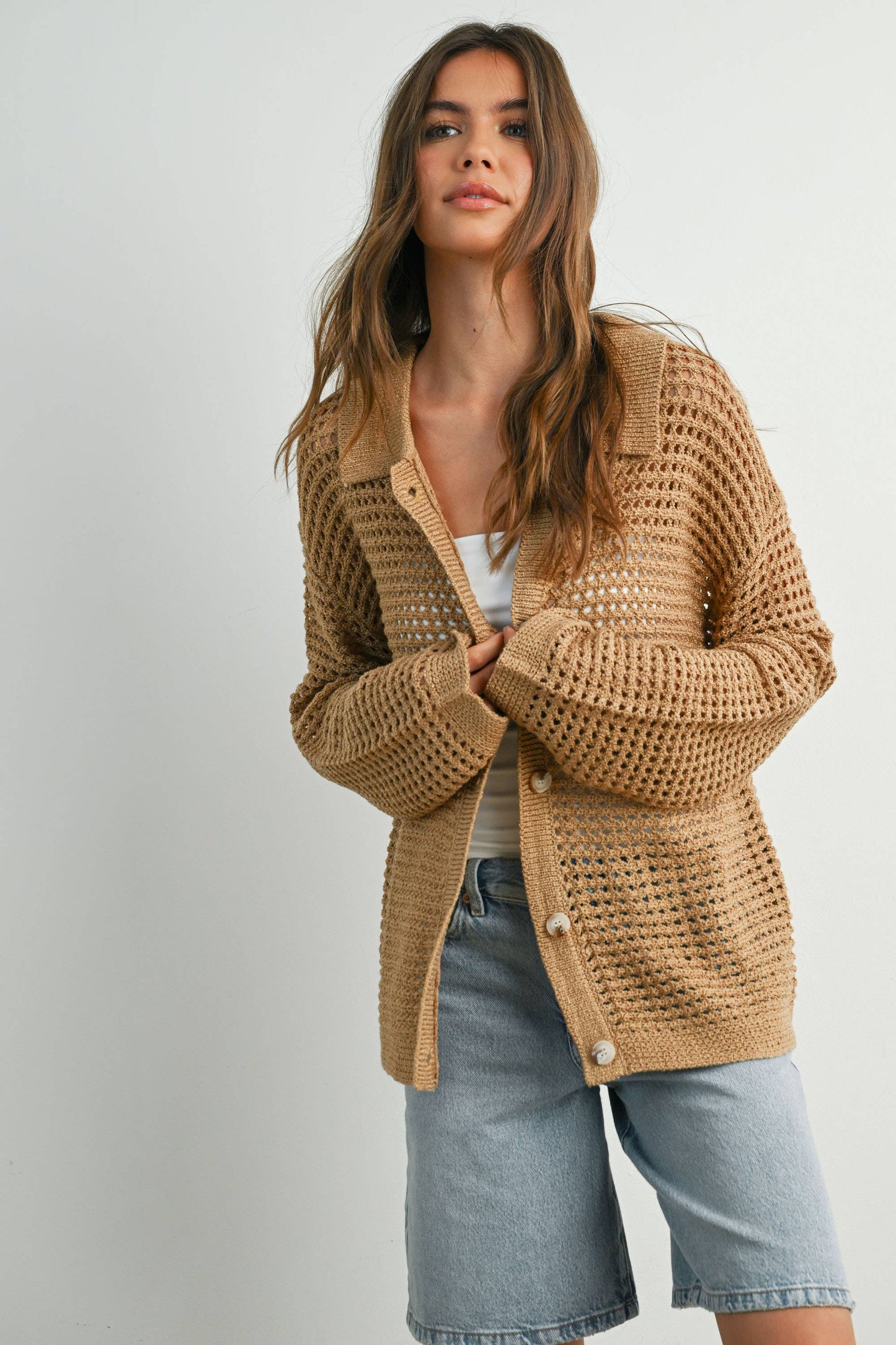 OPEN STITCH CROCHET COLLAR CARDIGAN