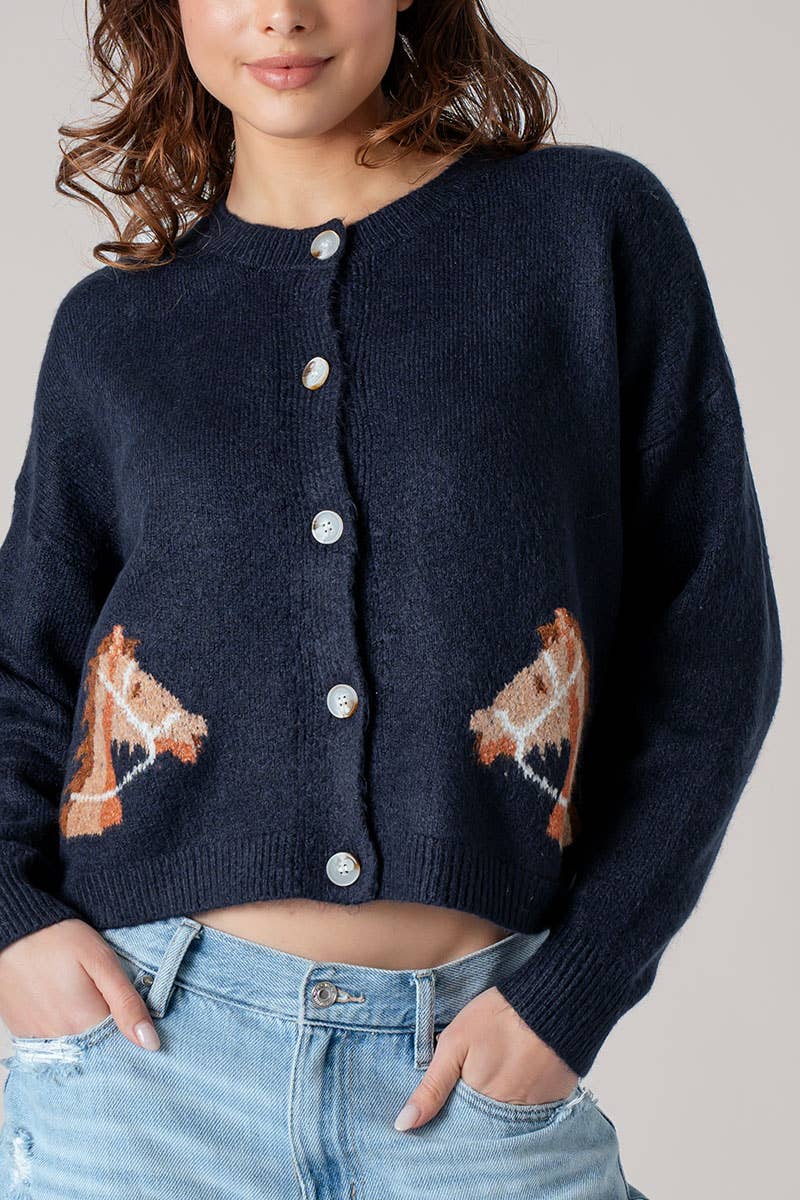 Western Horse Graphic Ribbed Trim Crew Neck Cardigan