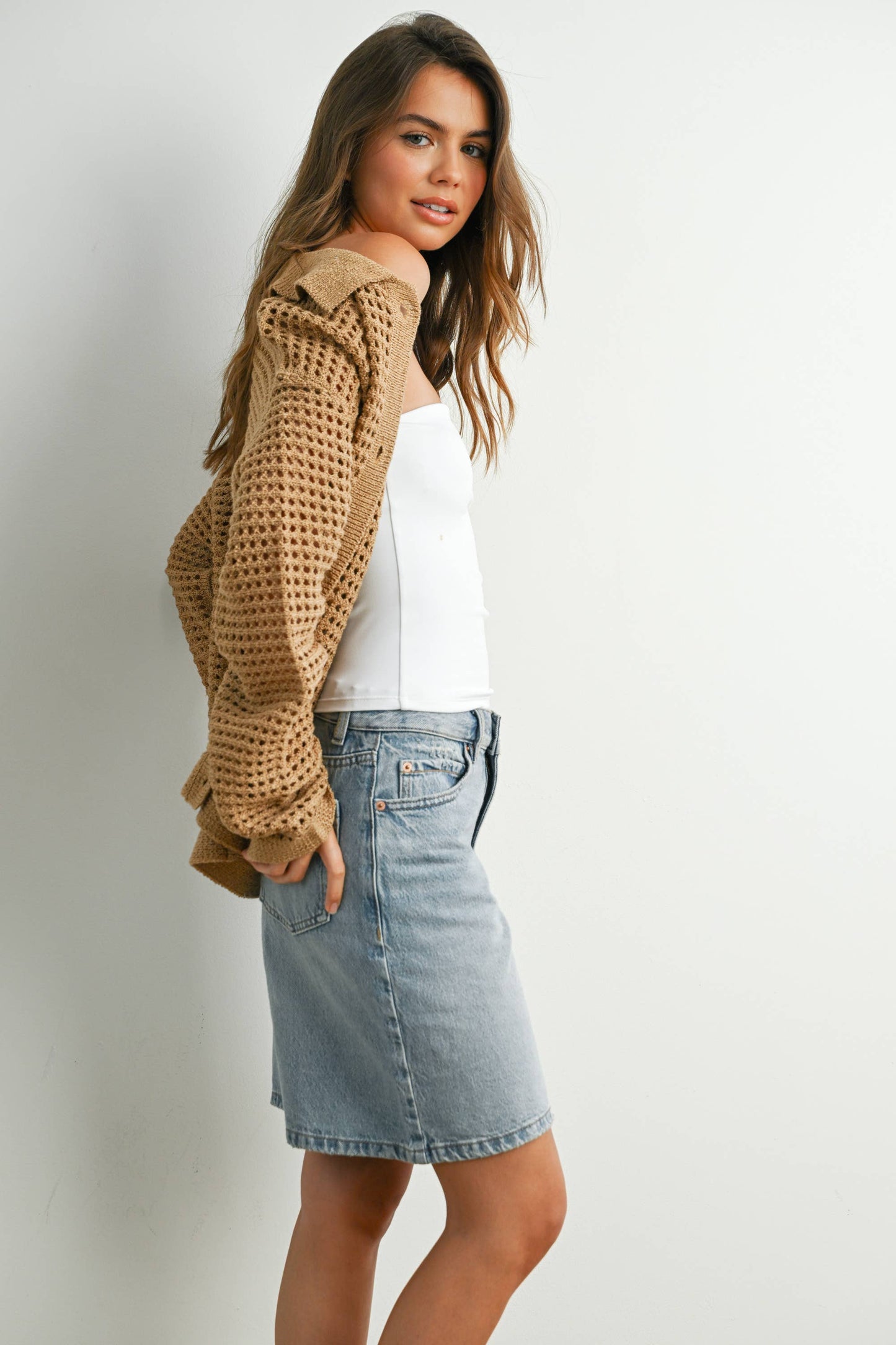 OPEN STITCH CROCHET COLLAR CARDIGAN