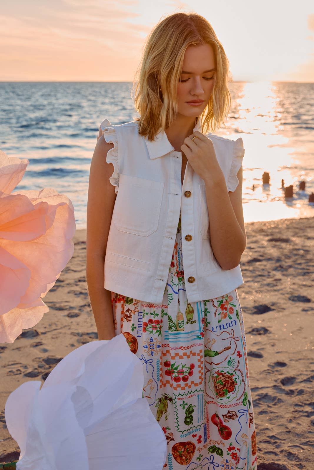 RUFFLE SLEEVE BUTTON DOWN TWILL VEST