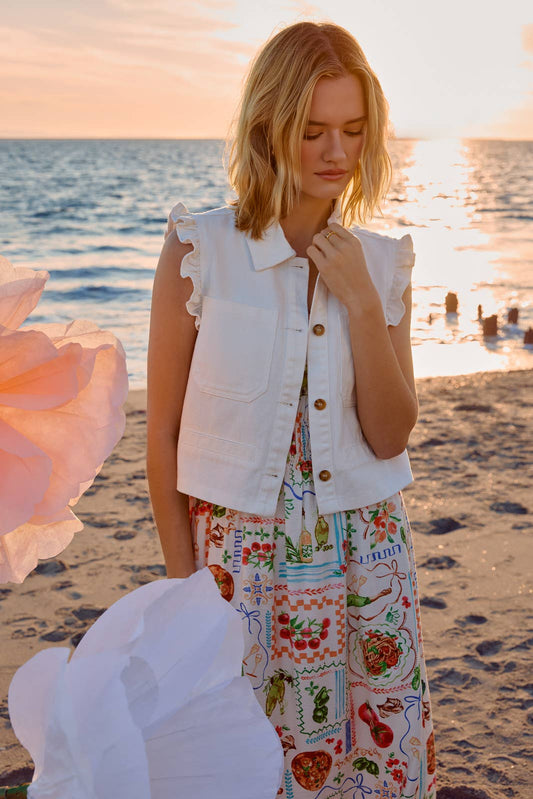 RUFFLE SLEEVE BUTTON DOWN TWILL VEST