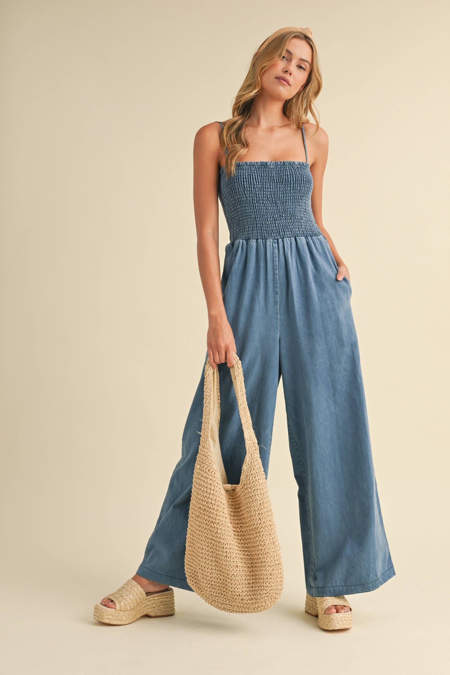 SMOCKED SPAGHETTI STRAP WIDE LEG JUMPSUIT