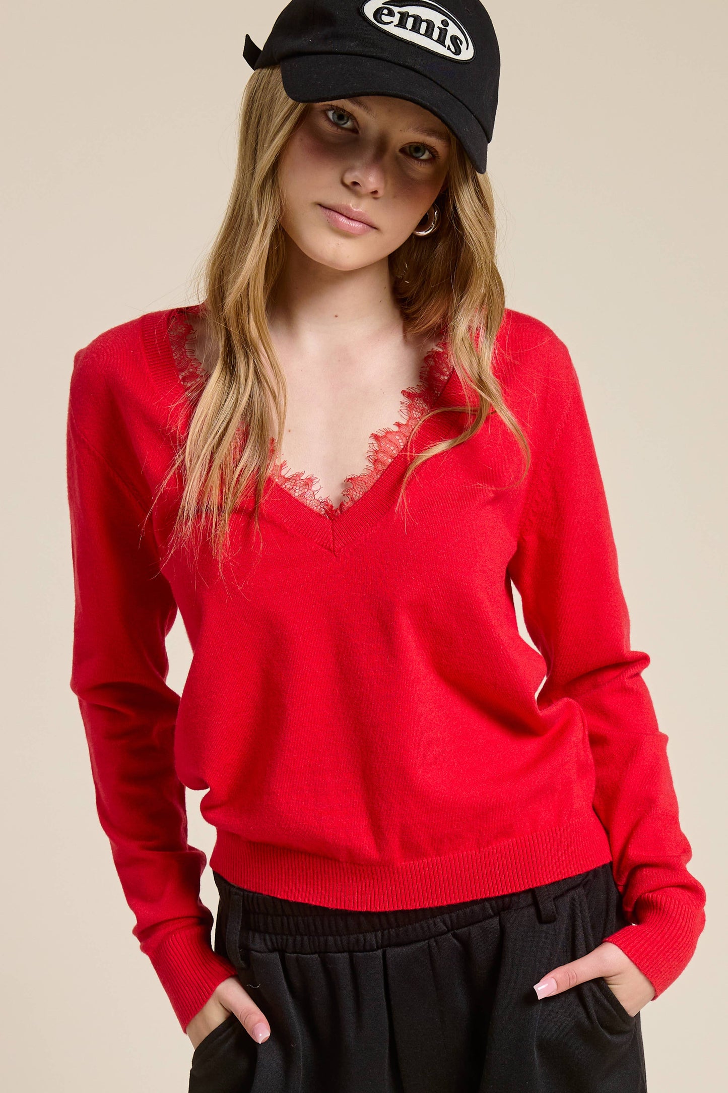 Lace Trim V Neck Knit Top