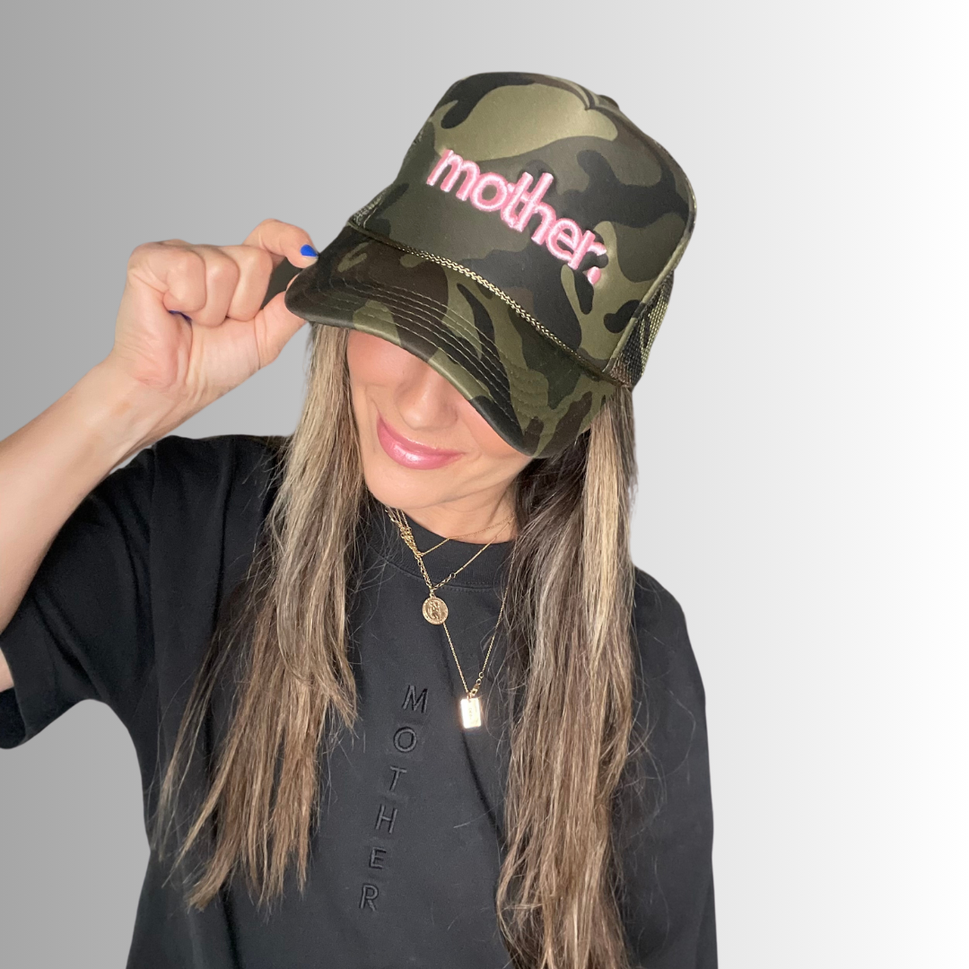 Mother Embroidered Trucker Hat -  Camo + Baby Pink