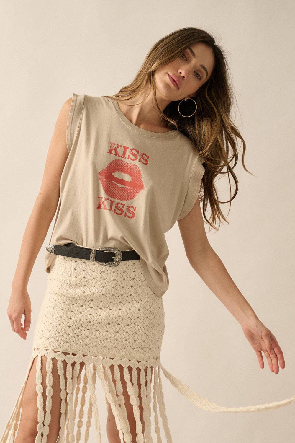 Kiss Kiss Lips Distress Vintage-Wash Graphic Tee